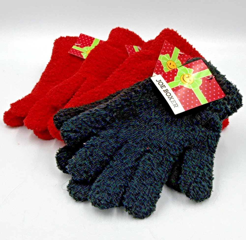 Four pair Joe Boxer Womens Solid Chenille Wrist Gloves Black/Red One Size Casual